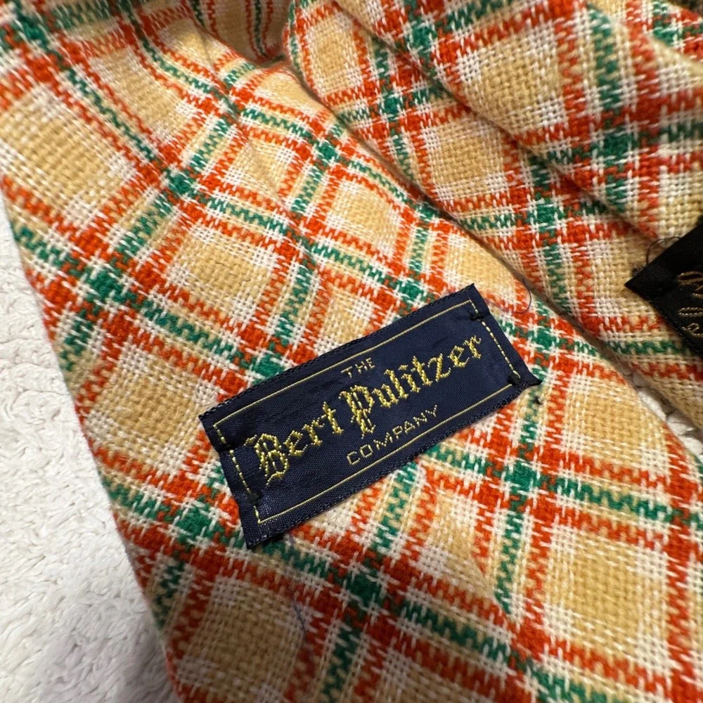 Vintage Bert Pulitzer Tie Orange Green Plaid Wool Linen Heritage Ivy League
